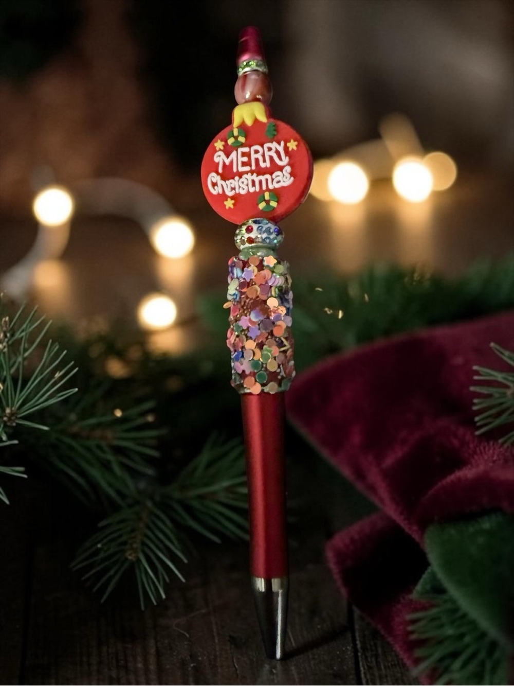 Festive Red "Merry Christmas" Beaded Pen